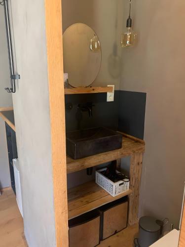 a bathroom with a sink and a mirror on a shelf at Il wokini in Castel Vittorio
