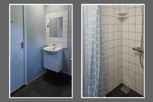 two pictures of a bathroom with a sink and a shower at Bygholm Camping og aktiviteter in Vesløs