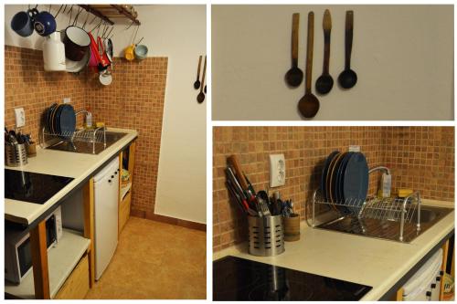 two pictures of a kitchen with a sink and utensils at Casa Petri Rosia Montana in Roşia Montană