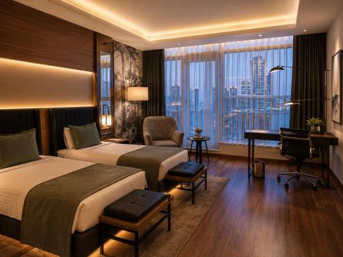 a hotel room with two beds and a desk at Expoist Hotel in Beylikduzu