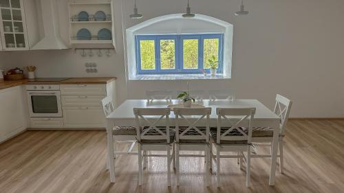 a kitchen with a white table and chairs at Pod Borovicí Broumy in Broumy