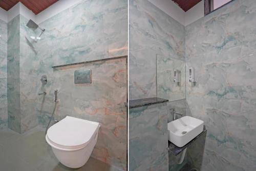 two pictures of a bathroom with a toilet and a sink at Accuotel Inn RG Grand in Kanāria