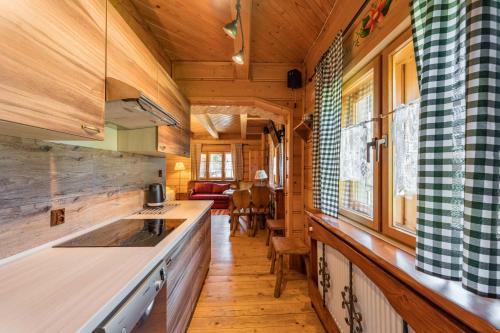 a kitchen in a wooden cabin with a counter top at Dom dla 16 osób z bilardem - Ino Zajrzyj in Ustroń