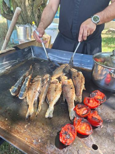 a person is cooking food on a grill at Casa Feodor in Jurilovca