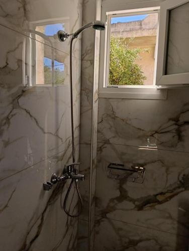 a shower in a bathroom with a window at Valasis Studios in Argassi