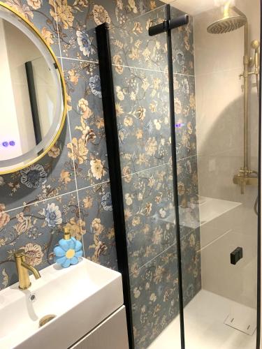 a bathroom with a shower and a sink and a mirror at Le Mas des Sources - Appartement in Vals-les-Bains