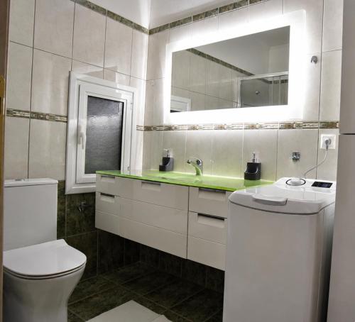 a bathroom with a toilet and a sink and a mirror at Eleni De Lux - Indoor Jacuzzi Residence in Lydia in Lidia