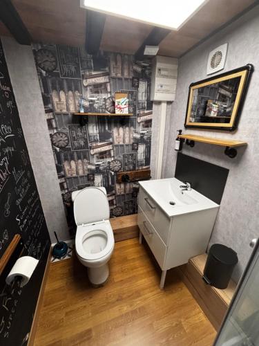 a bathroom with a toilet and a sink at Logement avec clim - thé, café et choco dispo in Oye-Plage
