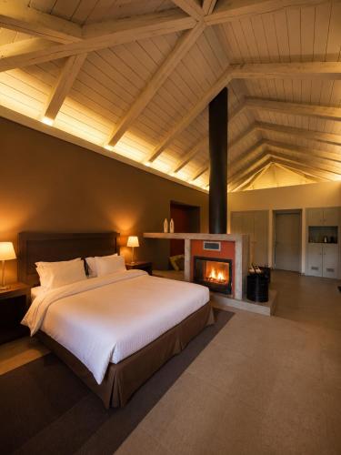 a bedroom with a large bed and a fireplace at Monopatia Resort in Ano Pedina
