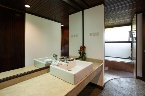 a bathroom with a white sink and a tub at The Buyan Resort Bedugul in Bedugul