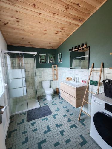 a bathroom with a shower and a toilet and a sink at Atelier47 - 7 personnes - proche centre ville - au calme in Marmande