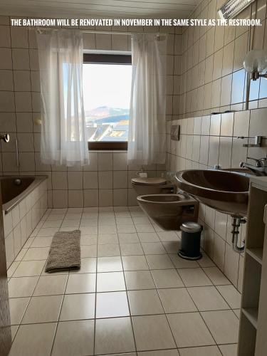 a bathroom with two sinks and a window at de Vinkenborg nabij Winterberg in Winterberg