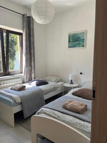 a bedroom with two beds and a window at Appartamento sole e luna in Dumenza