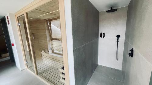 a bathroom with a walk in shower next to a glass door at Hotel SPA John Te Lo Busca in Castrojeriz