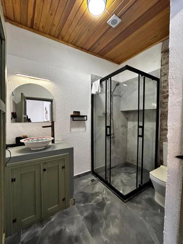 a bathroom with a glass shower and a sink at Chori Avlu Küçükköy in Ayvalık