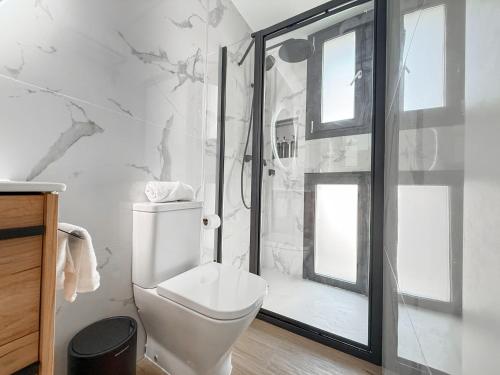 a bathroom with a toilet and a glass shower at Apartamentos Don Tomás in Jaén