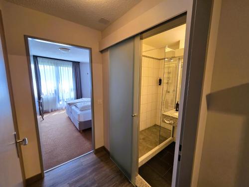 a bathroom with a walk in shower and a bedroom at Beatenberg Alpine Residence in Beatenberg