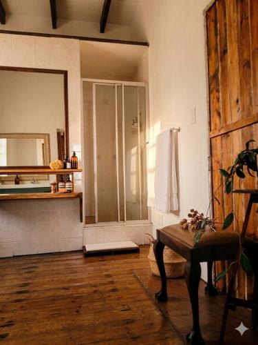 a bathroom with a shower and a table in a room at Route 62 B&B in Robertson