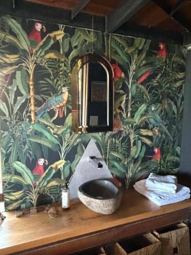 a bathroom with a sink and a wallpaper with birds at Nyúlászó Vendégház Stúdiólakás in Mád