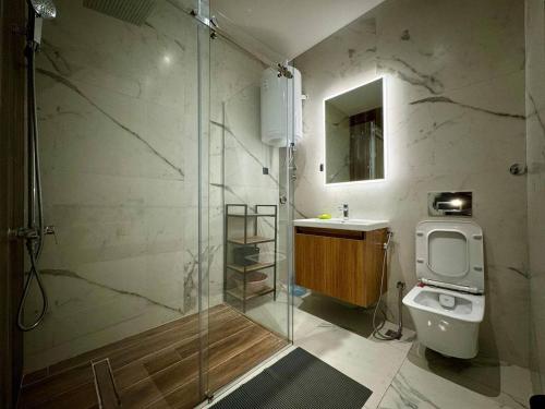 a bathroom with a shower and a toilet and a sink at Elia in Bečići