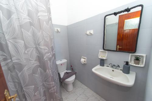 a bathroom with a sink and a toilet and a mirror at Lunar Seaside Hotel in Perissa
