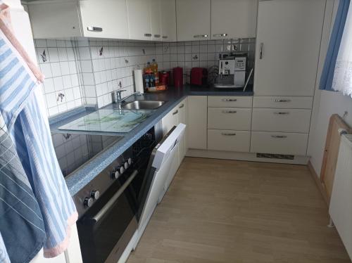 a small kitchen with a sink and a stove at Appartement Draublick in Unterpudlach