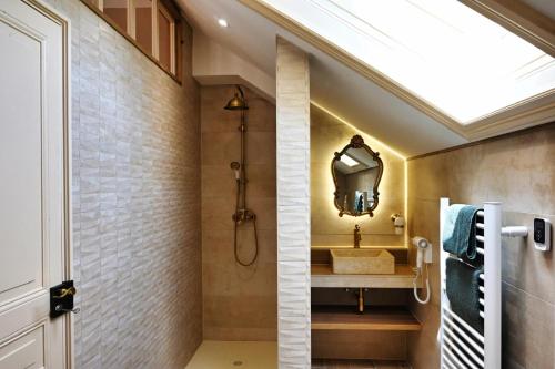 a bathroom with a sink and a shower at La Suite Enchantée in Valentigney