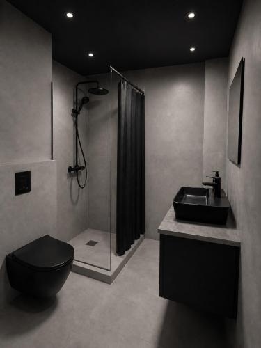a bathroom with a shower and a toilet and a sink at 4SEASONS -- Emerald Summer Lounge in Aalborg