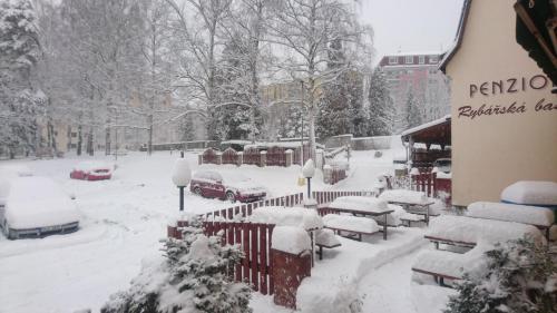 a snow covered street with cars parked in a yard at Pension Rybářská Bašta in Jablonec nad Nisou