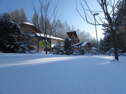 a snow covered yard with a house in the background at Penzion Ustie in Trstená