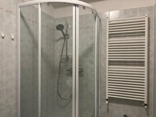 a shower with a shower head in a bathroom at Apartma Eva in Portorož