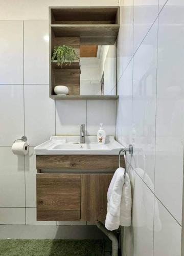 a bathroom with a sink and a mirror at BOU's Accomodation in Nadi