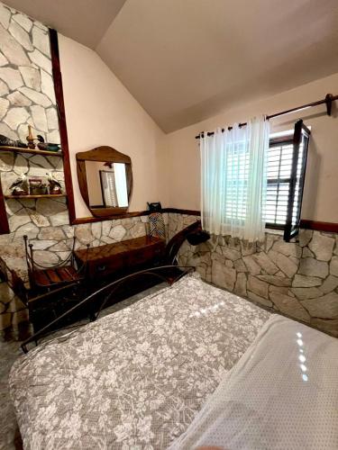 a bedroom with a stone wall and a mirror at Forest Home in Golubovci