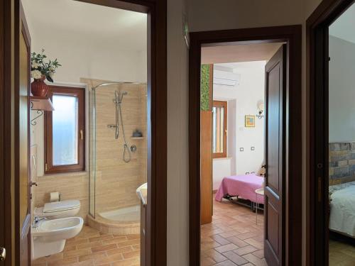 a bathroom with a shower and a toilet and a sink at La Casa di Joy in Acquasparta
