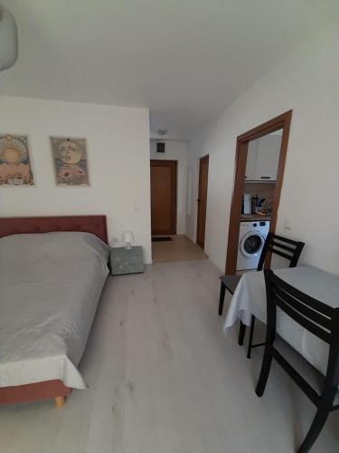a bedroom with a bed and a table and a mirror at Apartment Sommer-Tango in Byala