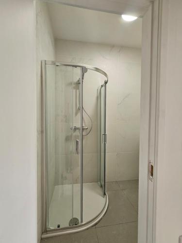 a shower with a glass door in a bathroom at Luxury Flat 10 mins from Station with BIKE ! in Cambridge