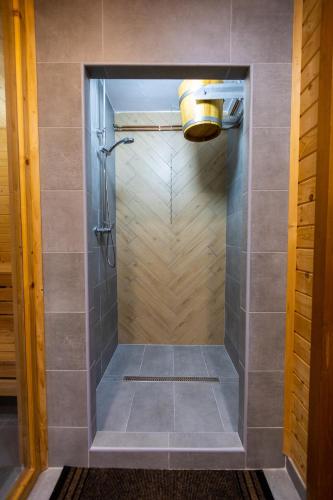 a walk in shower with a glass door at Székelyföld,Siklódi Kő Vendégház Szénatároló in Şiclod