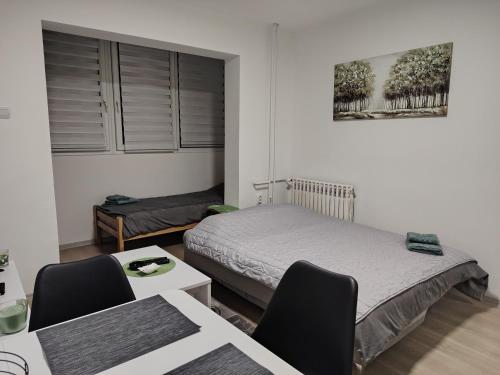a bedroom with a bed and a table and chairs at Una Studio Apartman in Sombor