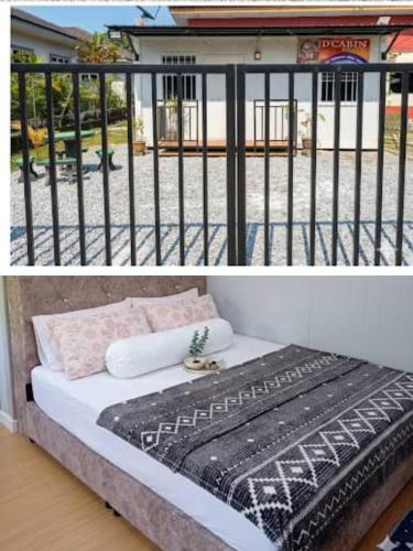 two pictures of a bed in front of a fence at D'Cabin Roomstay in Sungkai