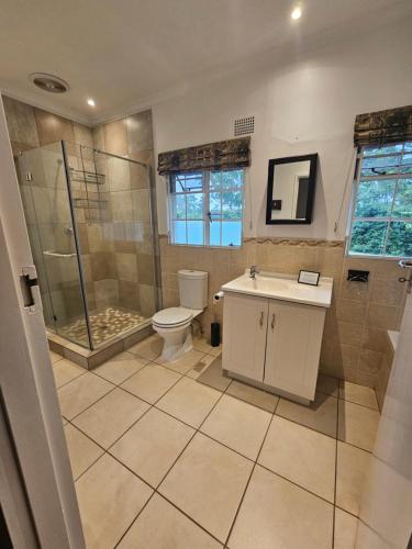 a bathroom with a shower and a toilet and a sink at Pearse Farm Stay in Howick
