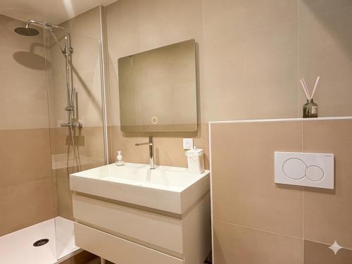 a bathroom with a sink and a shower at Appartement avec jacuzzi et vue sur Pyramide in Vienne