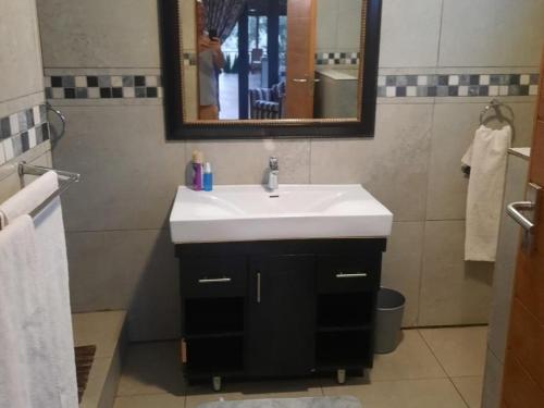 a bathroom with a white sink and a mirror at Arotin Game Lodge in Brits