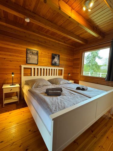 a bedroom with a large bed in a wooden cabin at Finnische Blockhäuser in Gartow