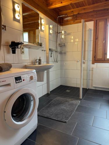 a bathroom with a washing machine and a sink at Finnische Blockhäuser in Gartow