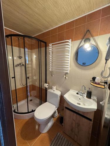 a bathroom with a toilet and a shower and a sink at Pokoje u Joli Polańczyk in Polańczyk