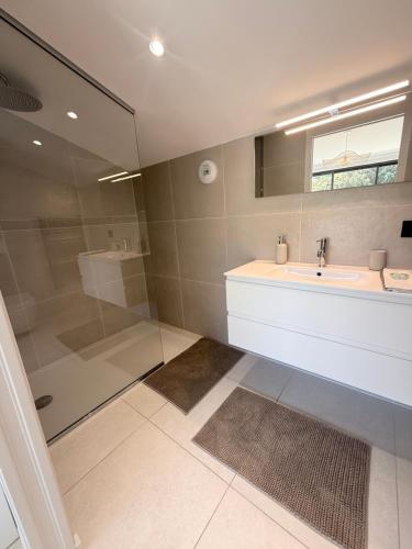 a bathroom with a sink and a shower at Les hauts de Vaison in Vaison-la-Romaine