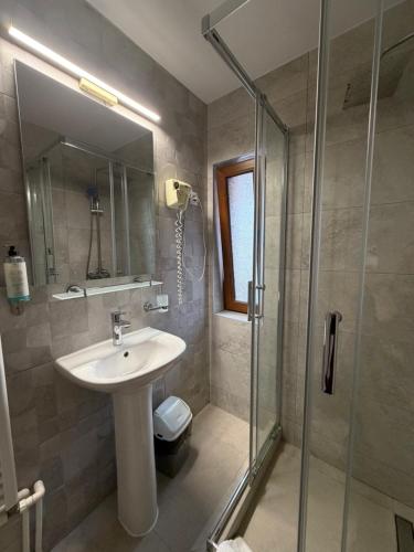 a bathroom with a sink and a shower at Pensiunea Pluto Sulina in Sulina