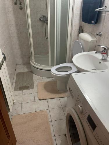 a bathroom with a shower and a toilet and a sink at Hideout Guest House in Travnik