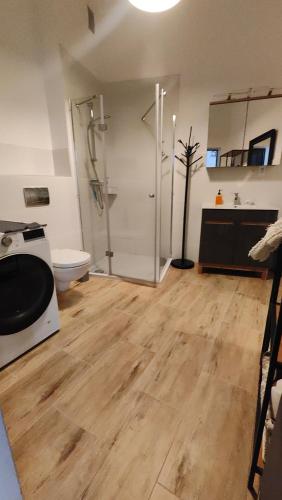 a bathroom with a shower and a toilet and a sink at Prad 543 in Poznań