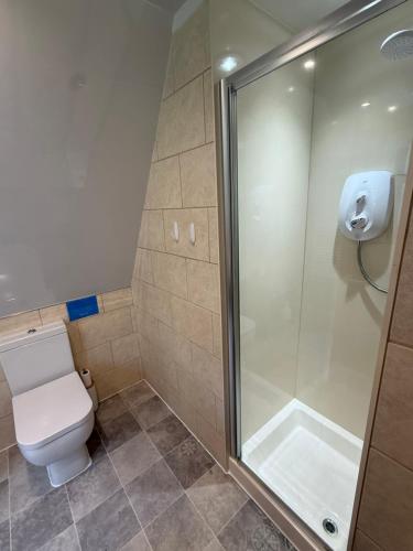 a bathroom with a toilet and a shower at Loch Oich Lodge in Invergarry
